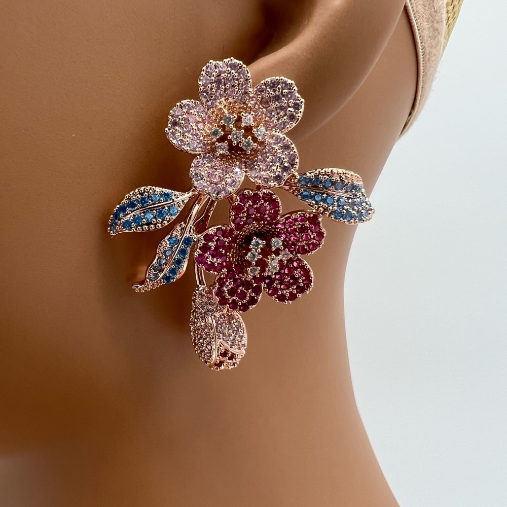 Rose Gold Pink Blue Floral Zircon Statement Earrings - Picture 3 of 3